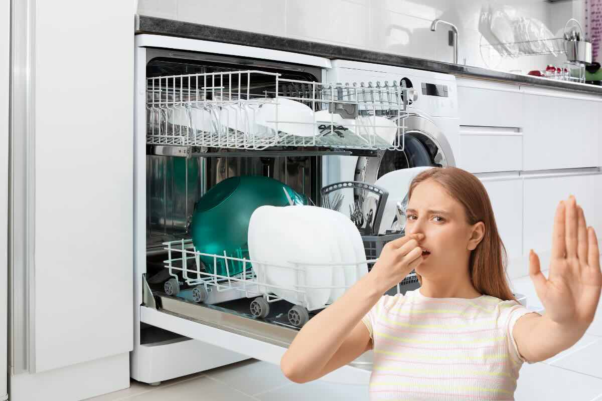 lavastoviglie e donna che si tappa il naso