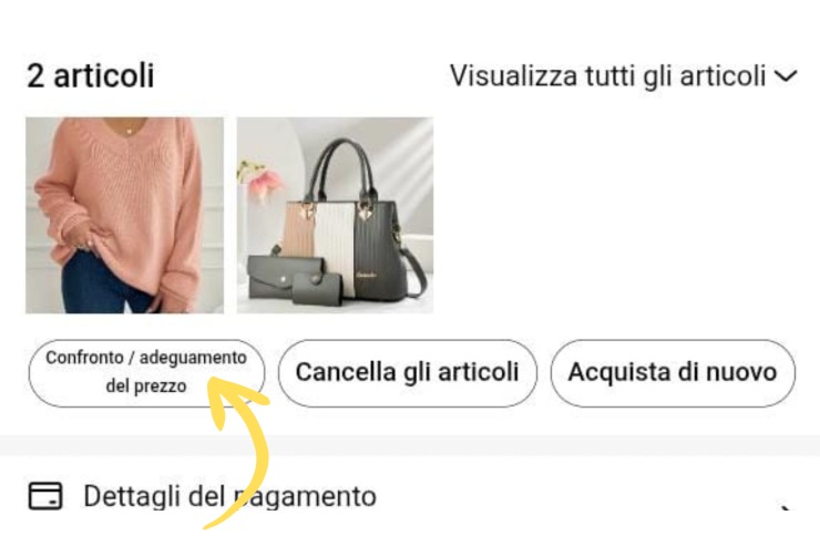 Screen funzione adeguamento del prezzo su Temu