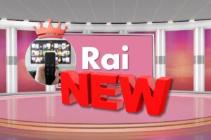 Studio televisivo, logo Rai, scritta NEW, mano con telecomando e corona
