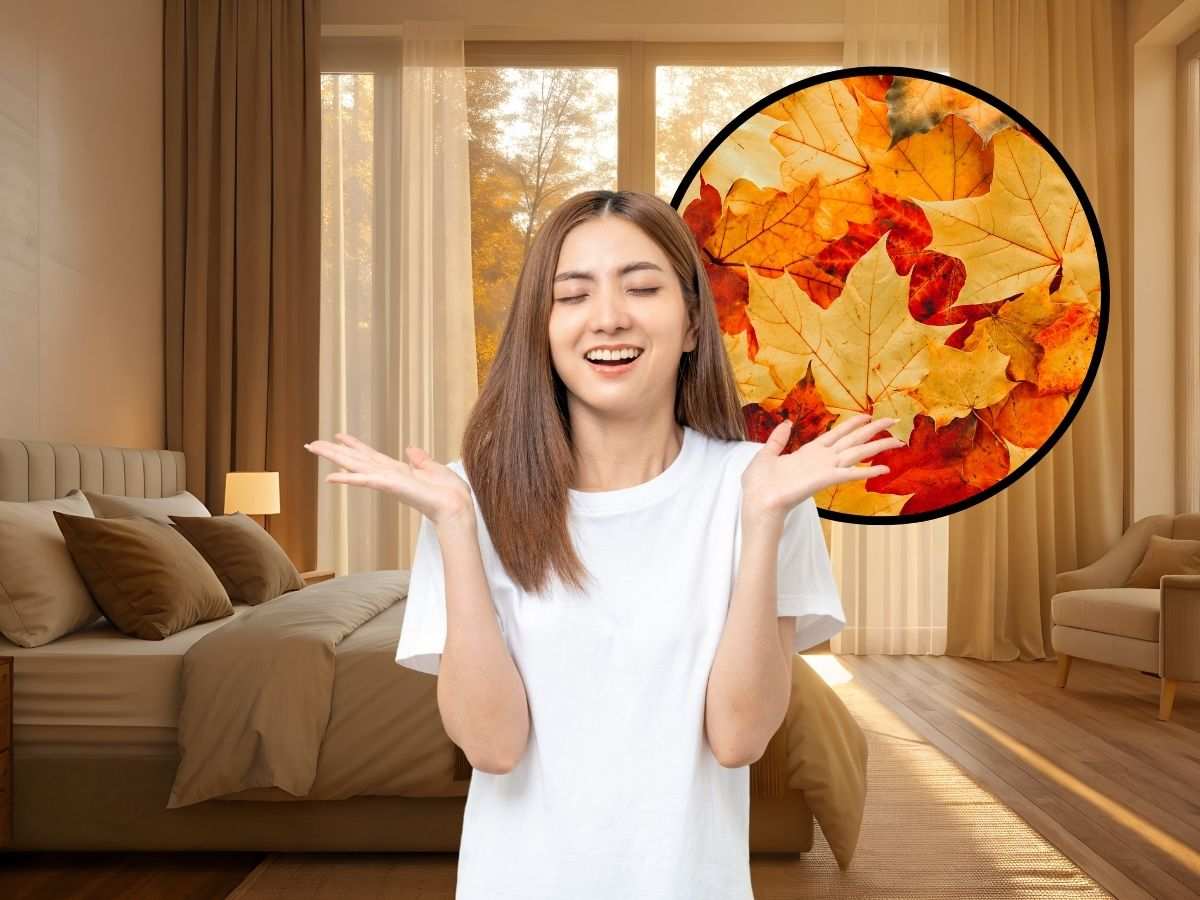 jene-stephaniuk-lkmGeyLItrw-unsplash-ls sfondo stanza da letto tondo con foglie autunnali e donna che odora ambiente