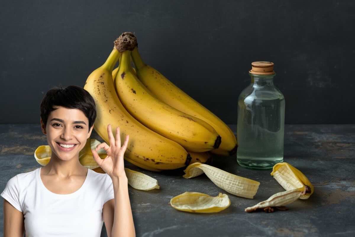 Donna fa ok con la mano, dietro di lei banane e boccetta con liquido