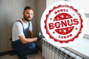 uomo aggiusta termosifone e logo bonus