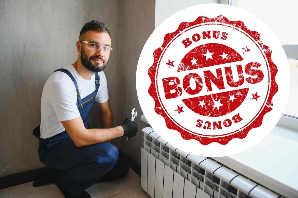 uomo aggiusta termosifone e logo bonus