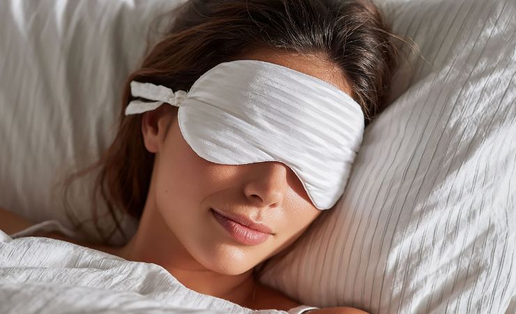 Donna che dorme con la mascherina per gli occhi