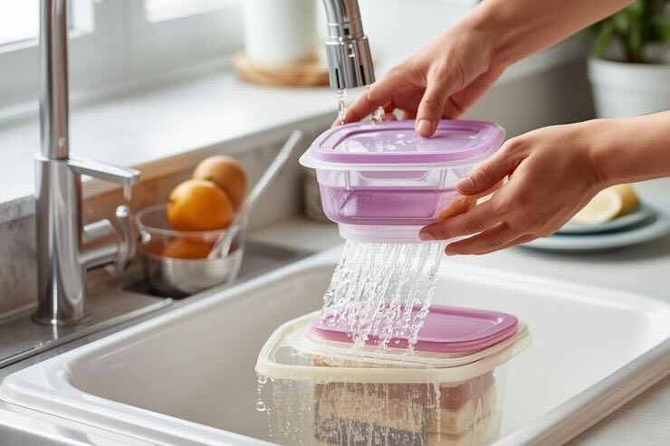 Contenitori di plastica nel lavandino