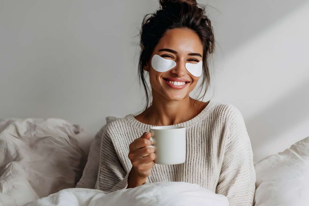 Donna con patch sotto gli occhi con tisana nel letto